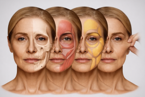 Camadas do envelhecimento facial. pele, gordura, músculo e SMAS e a estrutura óssea